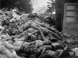 Corpses of prisoners are seen at Buchenwald concentration camp after the liberation in April 1945. The construction of Buchenwald camp started 15 July 1937 and was liberated by US General Patton's army 11 April 1945. Between 239,000 and 250,000 people were imprisoned in this camp. About 56,000 died among which 11,000 Jews. On the 4th of April Patton's army liberated the Buchenwald sub-camp in Ohrdruf, where they only found about fifty corpses of prisonners. The 9000 Buchenwald commandos - hundreds of Polish, Russian, Yugoslavian, Italian and French, some Hungarian and Russian Jews, and gypsies - had been forced by the Nazis to march 80 km on April 2nd from Ohrdruf to the main camp Buchenwald. Most of them were evacuated again April the 7th to Dachau and Flossenburg. Much died during this ordeal. On the 11th of April the International Committee (created in August 1943 by the prisoners), who managed to obtain and hide arms during previous shelling, gave the order for an insurrection which pave the way for the US army.(FILM) AFP PHOTO ERIC SCHWAB AFP PHOTO